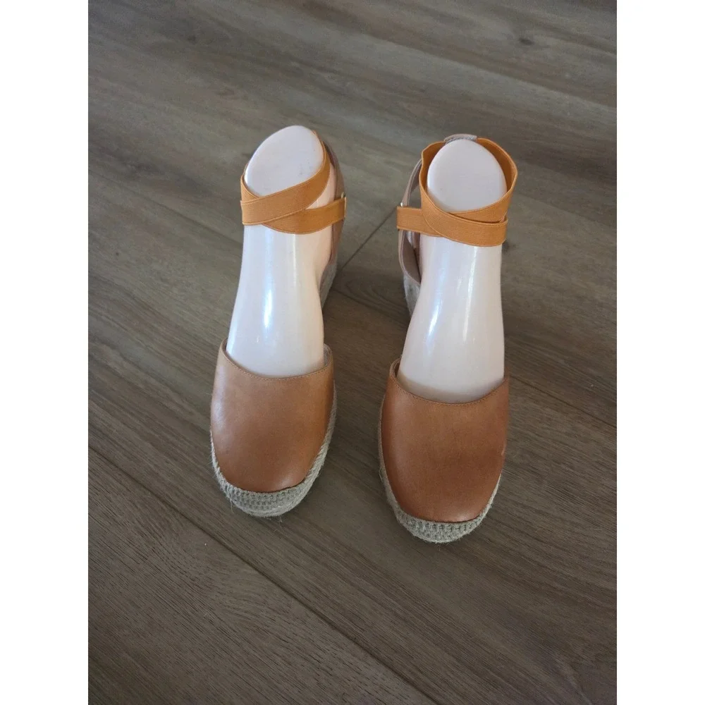 Bettye Muller Tan Leather Espadrille Wedge Sandals‎ Ankle Strap Women